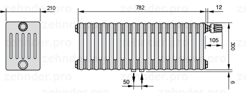 Схема (чертеж) Радиатор Zehnder Charleston 6030/17 №V008 Белый глянцевый RAL 9016
